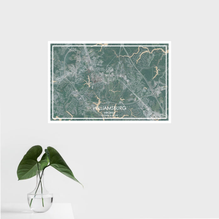 16x24 Williamsburg Virginia Map Print Landscape Orientation in Afternoon Style With Tropical Plant Leaves in Water