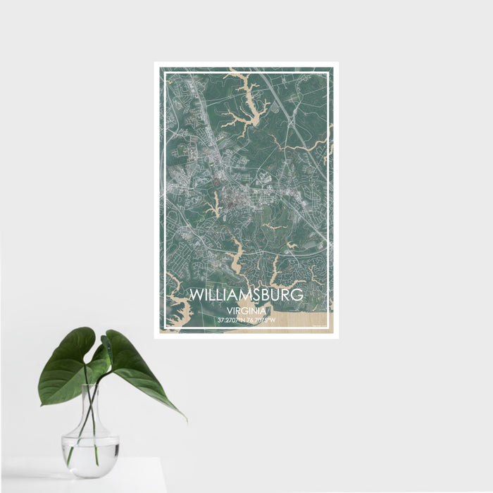 16x24 Williamsburg Virginia Map Print Portrait Orientation in Afternoon Style With Tropical Plant Leaves in Water