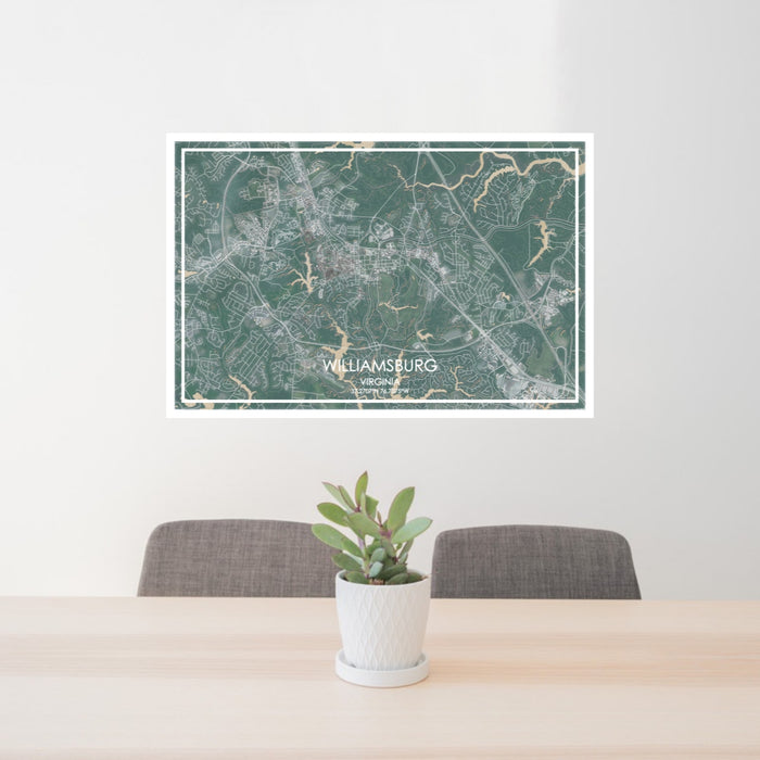24x36 Williamsburg Virginia Map Print Lanscape Orientation in Afternoon Style Behind 2 Chairs Table and Potted Plant