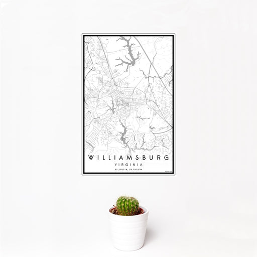 12x18 Williamsburg Virginia Map Print Portrait Orientation in Classic Style With Small Cactus Plant in White Planter