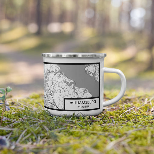 Right View Custom Williamsburg Virginia Map Enamel Mug in Classic on Grass With Trees in Background