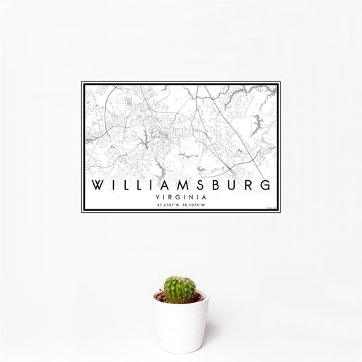 12x18 Williamsburg Virginia Map Print Landscape Orientation in Classic Style With Small Cactus Plant in White Planter