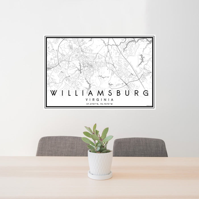 24x36 Williamsburg Virginia Map Print Landscape Orientation in Classic Style Behind 2 Chairs Table and Potted Plant