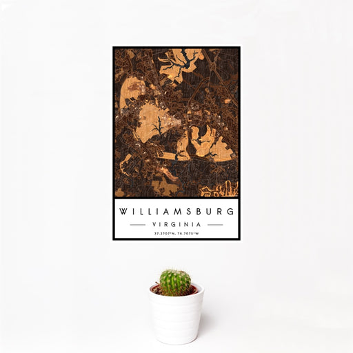 12x18 Williamsburg Virginia Map Print Portrait Orientation in Ember Style With Small Cactus Plant in White Planter