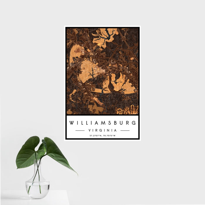 16x24 Williamsburg Virginia Map Print Portrait Orientation in Ember Style With Tropical Plant Leaves in Water