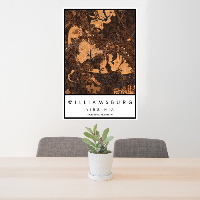 24x36 Williamsburg Virginia Map Print Portrait Orientation in Ember Style Behind 2 Chairs Table and Potted Plant
