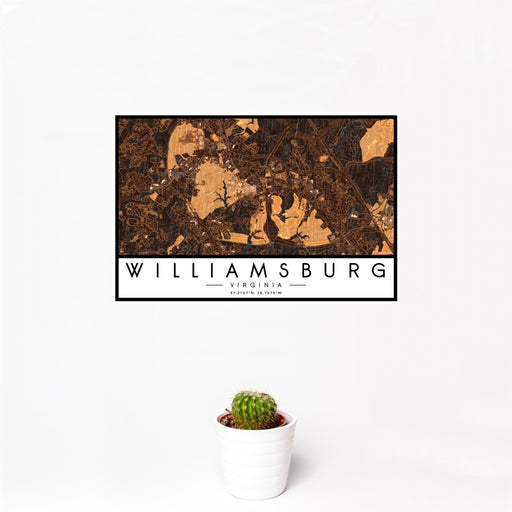 12x18 Williamsburg Virginia Map Print Landscape Orientation in Ember Style With Small Cactus Plant in White Planter