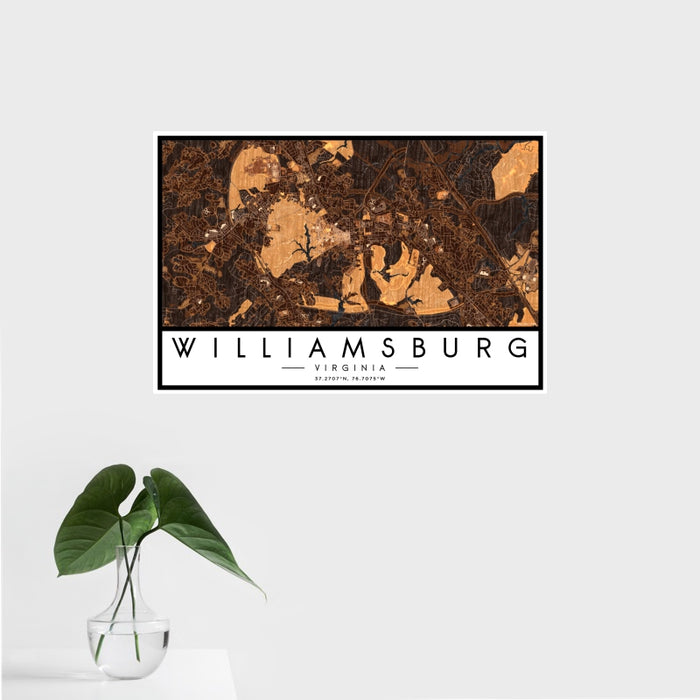 16x24 Williamsburg Virginia Map Print Landscape Orientation in Ember Style With Tropical Plant Leaves in Water