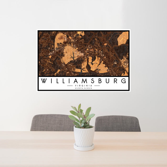 24x36 Williamsburg Virginia Map Print Landscape Orientation in Ember Style Behind 2 Chairs Table and Potted Plant