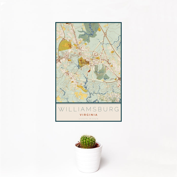 12x18 Williamsburg Virginia Map Print Portrait Orientation in Woodblock Style With Small Cactus Plant in White Planter