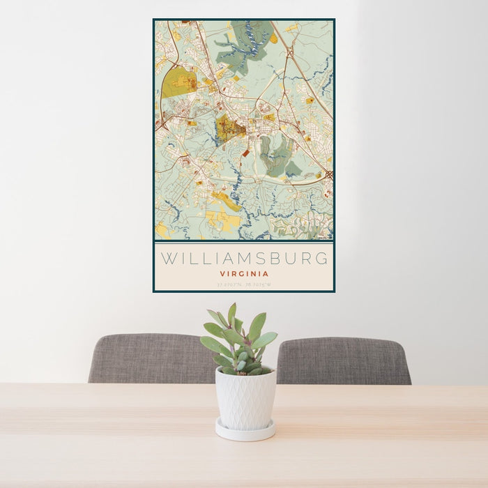 24x36 Williamsburg Virginia Map Print Portrait Orientation in Woodblock Style Behind 2 Chairs Table and Potted Plant