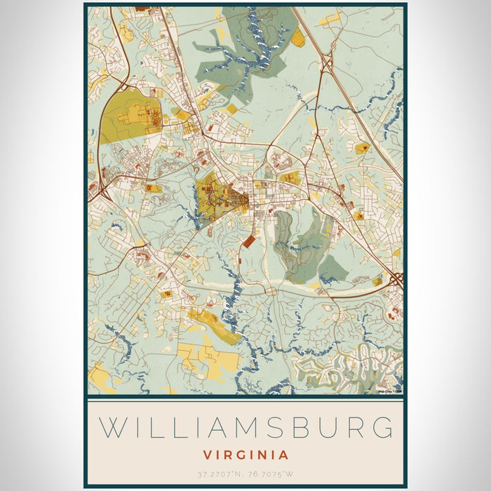 Williamsburg Virginia Map Print Portrait Orientation in Woodblock Style With Shaded Background