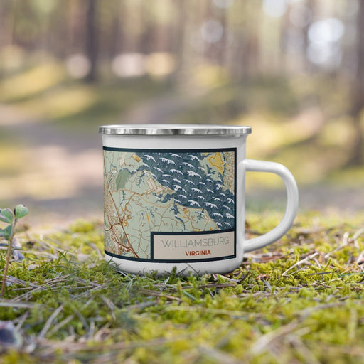 Right View Custom Williamsburg Virginia Map Enamel Mug in Woodblock on Grass With Trees in Background