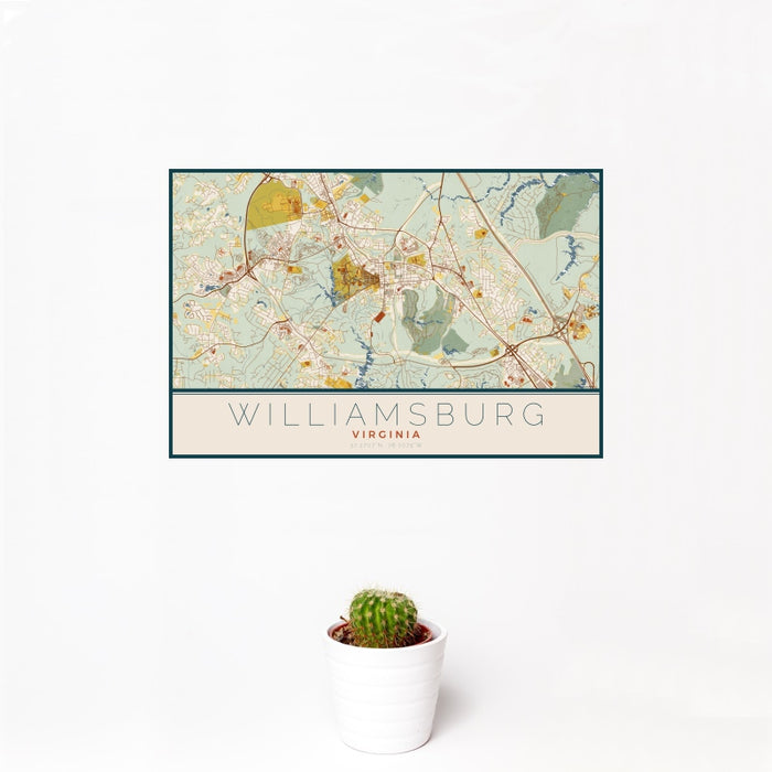 12x18 Williamsburg Virginia Map Print Landscape Orientation in Woodblock Style With Small Cactus Plant in White Planter