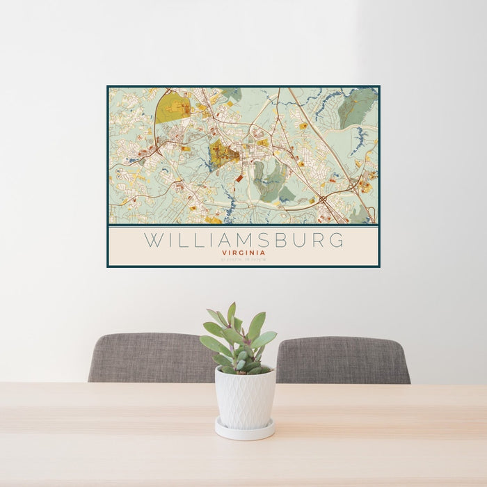24x36 Williamsburg Virginia Map Print Landscape Orientation in Woodblock Style Behind 2 Chairs Table and Potted Plant
