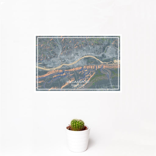 12x18 Williamsport Pennsylvania Map Print Landscape Orientation in Afternoon Style With Small Cactus Plant in White Planter