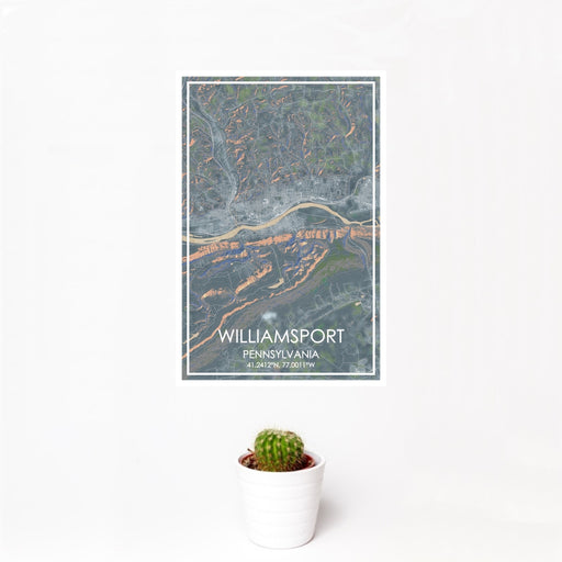 12x18 Williamsport Pennsylvania Map Print Portrait Orientation in Afternoon Style With Small Cactus Plant in White Planter
