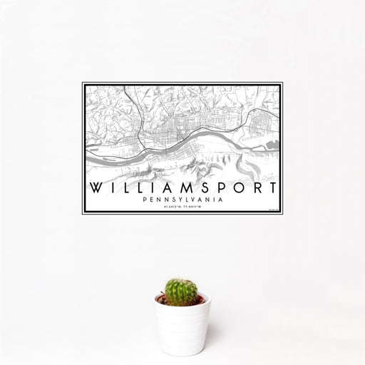 12x18 Williamsport Pennsylvania Map Print Landscape Orientation in Classic Style With Small Cactus Plant in White Planter