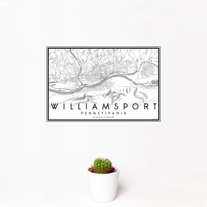 12x18 Williamsport Pennsylvania Map Print Landscape Orientation in Classic Style With Small Cactus Plant in White Planter