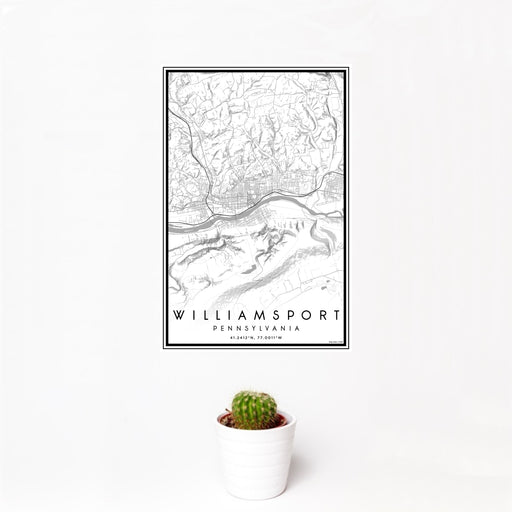 12x18 Williamsport Pennsylvania Map Print Portrait Orientation in Classic Style With Small Cactus Plant in White Planter
