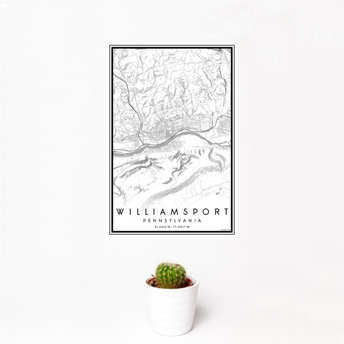 12x18 Williamsport Pennsylvania Map Print Portrait Orientation in Classic Style With Small Cactus Plant in White Planter