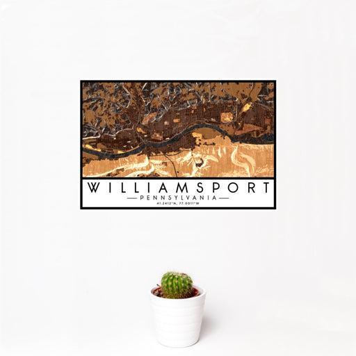 12x18 Williamsport Pennsylvania Map Print Landscape Orientation in Ember Style With Small Cactus Plant in White Planter
