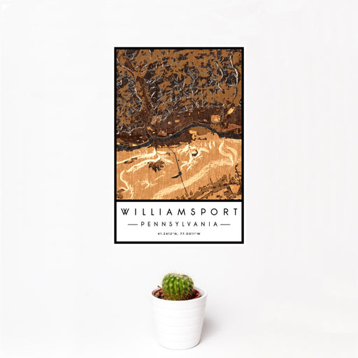 12x18 Williamsport Pennsylvania Map Print Portrait Orientation in Ember Style With Small Cactus Plant in White Planter