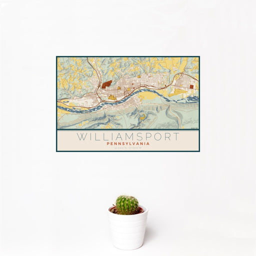 12x18 Williamsport Pennsylvania Map Print Landscape Orientation in Woodblock Style With Small Cactus Plant in White Planter