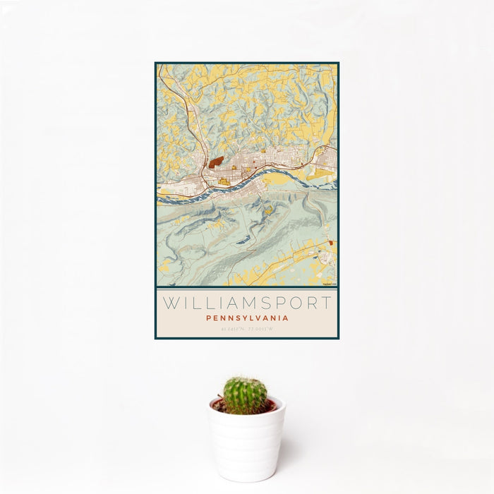 12x18 Williamsport Pennsylvania Map Print Portrait Orientation in Woodblock Style With Small Cactus Plant in White Planter