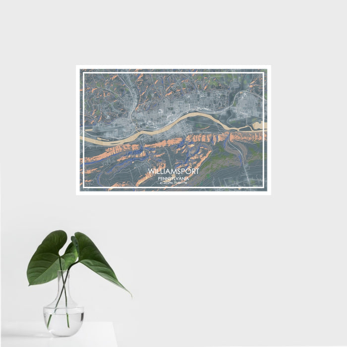 16x24 Williamsport Pennsylvania Map Print Landscape Orientation in Afternoon Style With Tropical Plant Leaves in Water