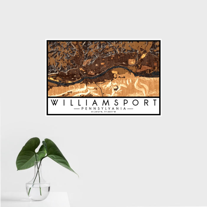 16x24 Williamsport Pennsylvania Map Print Landscape Orientation in Ember Style With Tropical Plant Leaves in Water