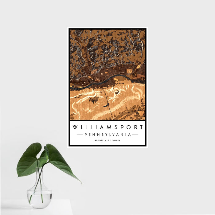 16x24 Williamsport Pennsylvania Map Print Portrait Orientation in Ember Style With Tropical Plant Leaves in Water