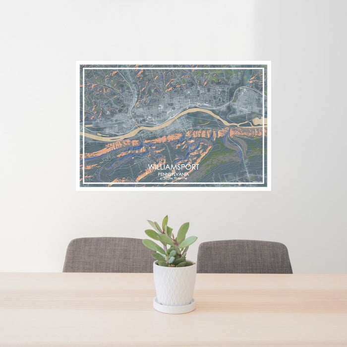 24x36 Williamsport Pennsylvania Map Print Lanscape Orientation in Afternoon Style Behind 2 Chairs Table and Potted Plant
