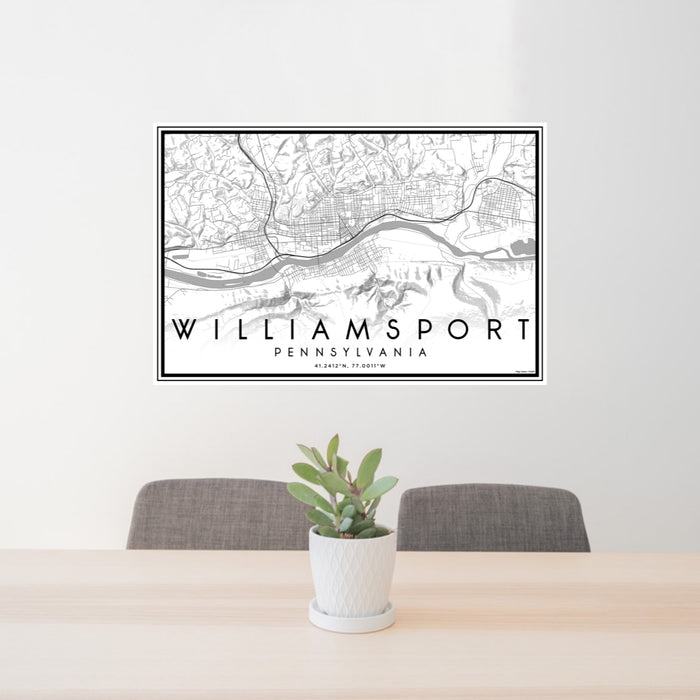 24x36 Williamsport Pennsylvania Map Print Lanscape Orientation in Classic Style Behind 2 Chairs Table and Potted Plant