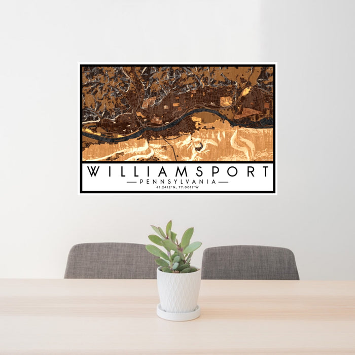 24x36 Williamsport Pennsylvania Map Print Lanscape Orientation in Ember Style Behind 2 Chairs Table and Potted Plant