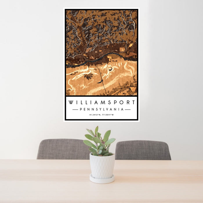 24x36 Williamsport Pennsylvania Map Print Portrait Orientation in Ember Style Behind 2 Chairs Table and Potted Plant