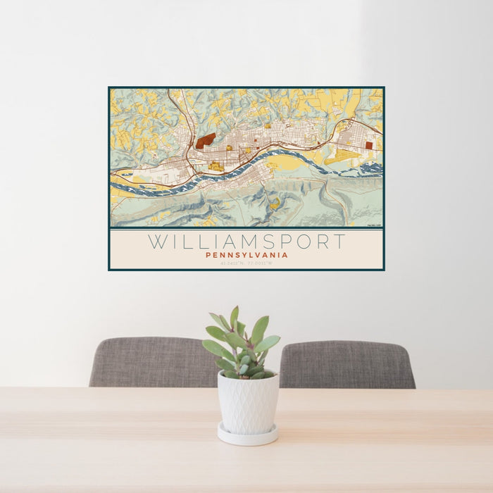 24x36 Williamsport Pennsylvania Map Print Lanscape Orientation in Woodblock Style Behind 2 Chairs Table and Potted Plant