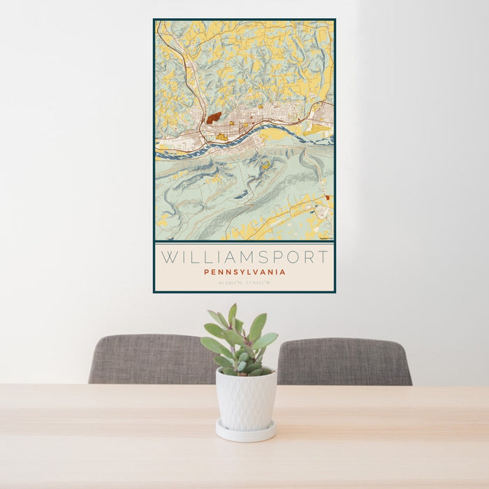 24x36 Williamsport Pennsylvania Map Print Portrait Orientation in Woodblock Style Behind 2 Chairs Table and Potted Plant