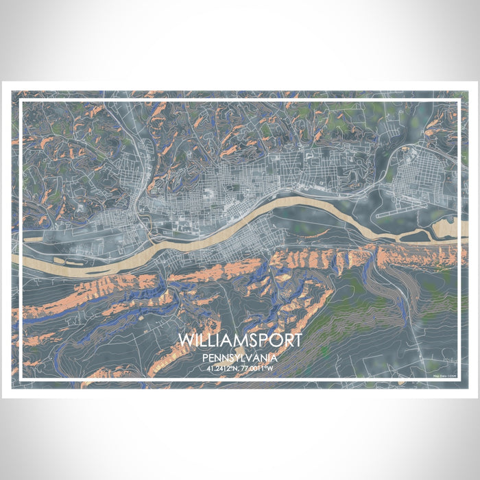 Williamsport Pennsylvania Map Print Landscape Orientation in Afternoon Style With Shaded Background