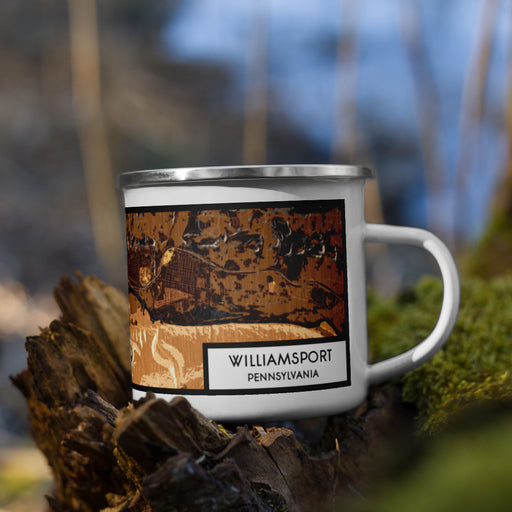 Right View Custom Williamsport Pennsylvania Map Enamel Mug in Ember on Grass With Trees in Background