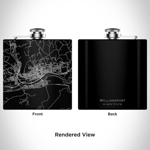 Rendered View of Williamsport Pennsylvania Map Engraving on 6oz Stainless Steel Flask in Black