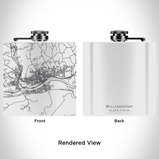 Rendered View of Williamsport Pennsylvania Map Engraving on 6oz Stainless Steel Flask in White