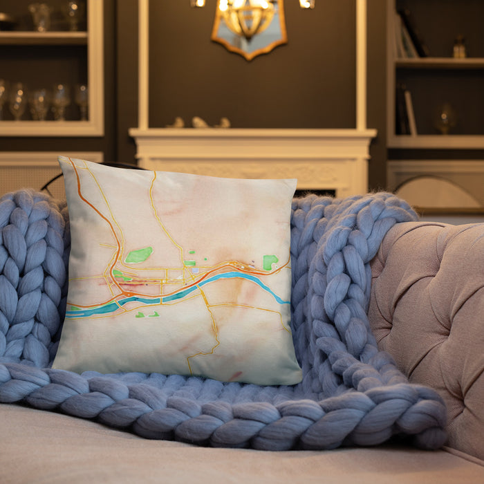Custom Williamsport Pennsylvania Map Throw Pillow in Watercolor on Cream Colored Couch