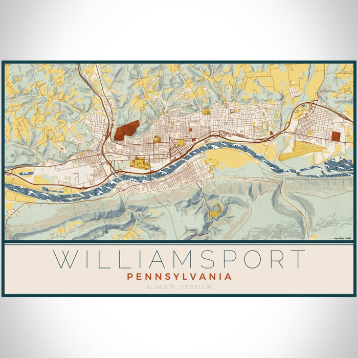 Williamsport Pennsylvania Map Print Landscape Orientation in Woodblock Style With Shaded Background