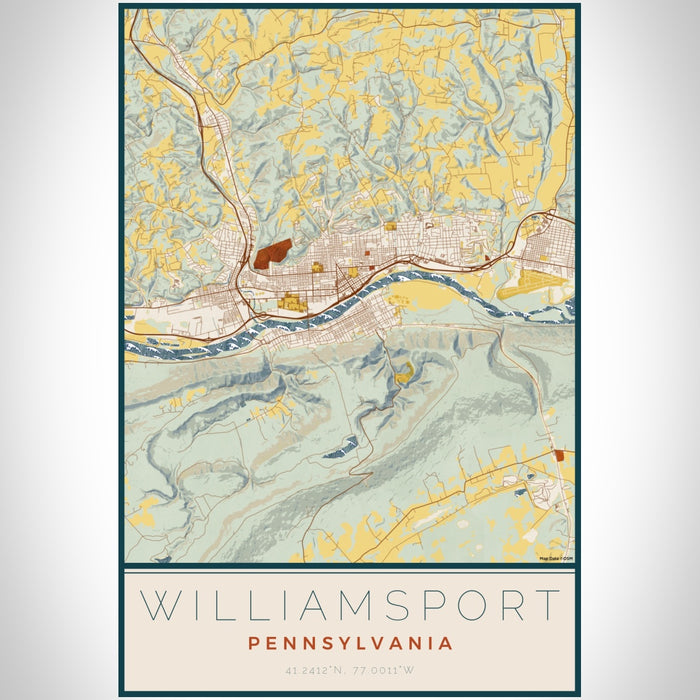 Williamsport Pennsylvania Map Print Portrait Orientation in Woodblock Style With Shaded Background