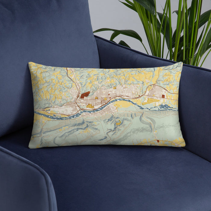 Custom Williamsport Pennsylvania Map Throw Pillow in Woodblock on Blue Colored Chair