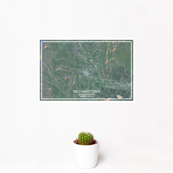 12x18 Williamstown Massachusetts Map Print Landscape Orientation in Afternoon Style With Small Cactus Plant in White Planter