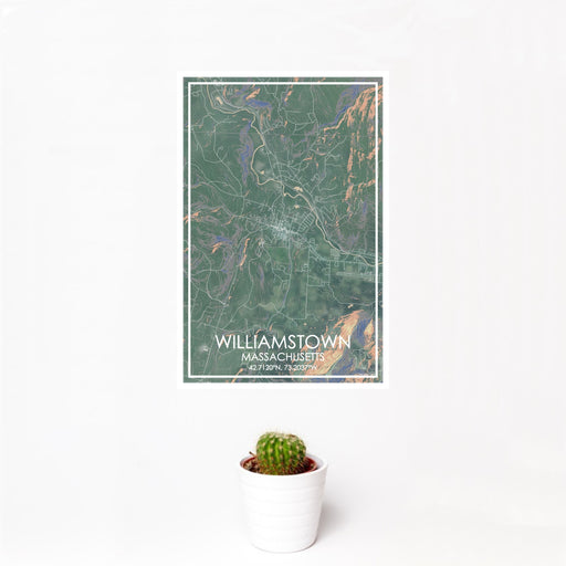 12x18 Williamstown Massachusetts Map Print Portrait Orientation in Afternoon Style With Small Cactus Plant in White Planter