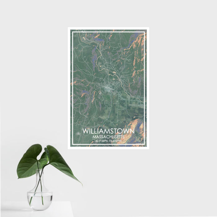 16x24 Williamstown Massachusetts Map Print Portrait Orientation in Afternoon Style With Tropical Plant Leaves in Water