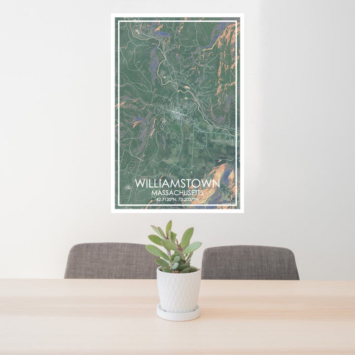 24x36 Williamstown Massachusetts Map Print Portrait Orientation in Afternoon Style Behind 2 Chairs Table and Potted Plant